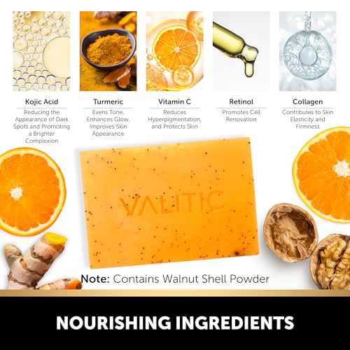 VALITIC Kojic Acid Soap - Turmeric Soap for Dark Spots for Face and Body - Exfoliating Bar for Hyperpigmentation, Skin Tone Corrector with Retinol, Vitamin C, Collagen and Hyaluronic Acid - 1 Pack