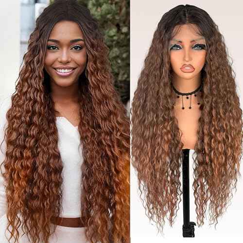 ZadaBelly 32 Inch Long Deep Curly Wavy Lace Front Synthetic Wig 13x4 T part HD Transparent Glueless Lace wig Heat Resistant Fiber Pre Plucked Hairline with Baby Hair for Women