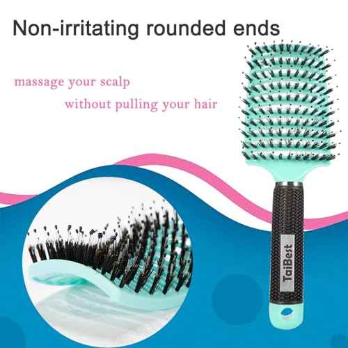 Boar Bristle Brush Set - Dry/Wet Detangler for Fine, Thick, Curly Hair - Curved and Vented Brush for Women, Men or Kids (Green & Apricot Pink)