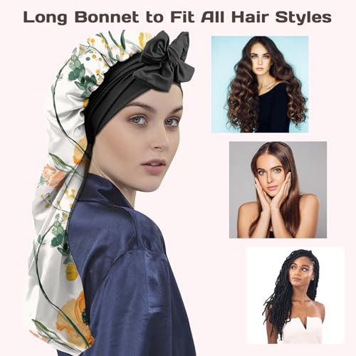 Long Satin Hair Braid Bonnet for Sleeping - Double Layer Silk Tie Band