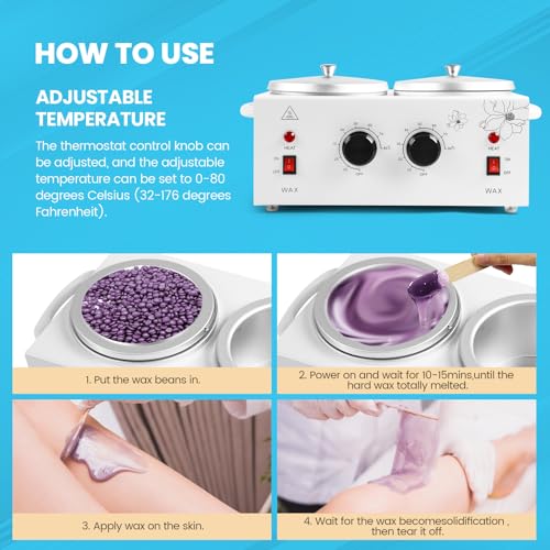 1.2L Double Pot Wax Warmer, Electric Depilatory Heater Machine with Adjustable Temperature for Hair Removal & Facial Spa, Includes 40 Wax Sticks & 20 Collars