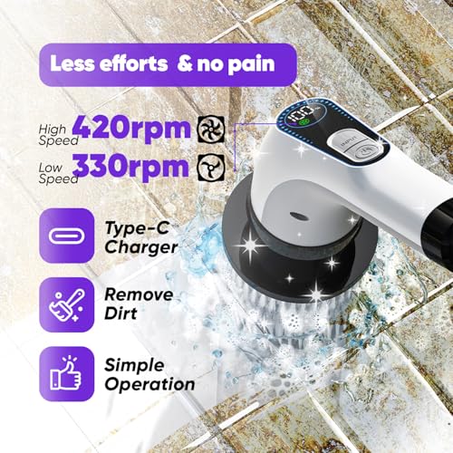 Electric Spin Scrubber Cordless ? Powerful Bathroom Cleaning Brush with Long Handle, 2 Speeds, 3000mAh Rechargeable, 7 Brush Heads, Wall Hanger & Crevice Tools ? Shower, Tub & Tile Cleaner