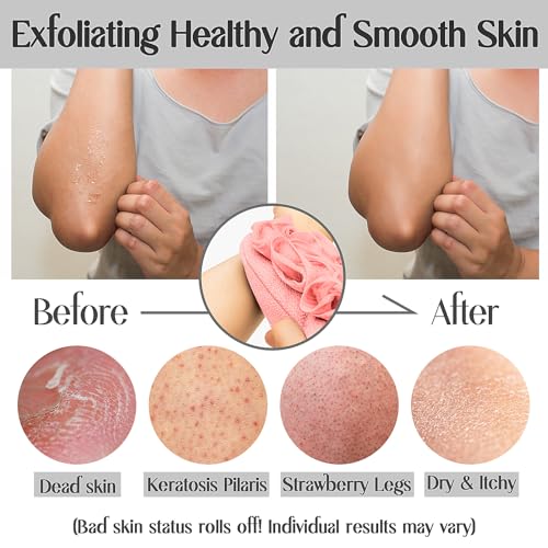 Deep Exfoliating Glove for Shower Double-Sided Mitt, with Extra Long Exfoliating Washcloth - Extreme Body & Back Scrubber for Shower, Massage Scrub Exfoliator & Bath Loofah Sponge (2-Pink)