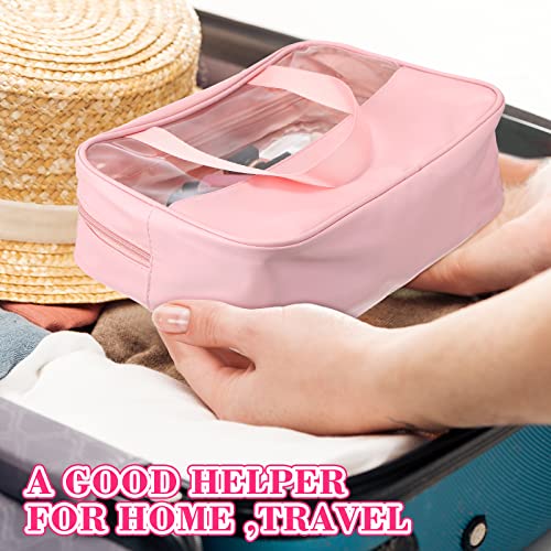 Reginary 6 Pcs Large Clear Makeup Bags, Toiletry Organizer with Zipper and Handle Strap, Portable Cosmetic Bag Waterproof Transparent for Travel Vacation, 11.8 x 8.3 x 3.9 Inch(Pink)