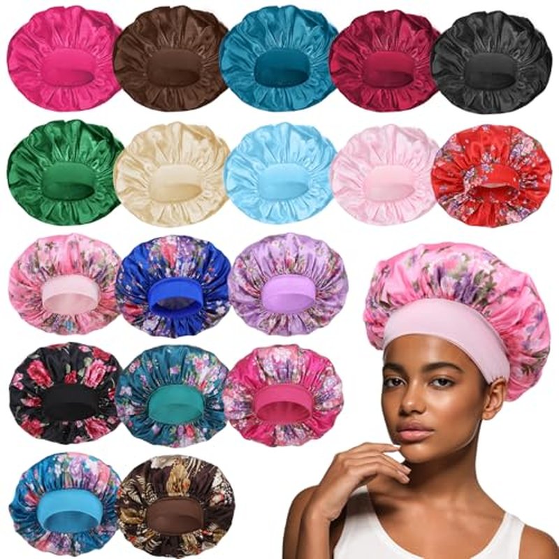 18 Pcs Satin Bonnets for Sleeping, Large Silk Bonnet Wide Band Hair Bonnet Soft Elastic Hair Wrap Cap Silky Shower Cap for Black Women Men Curly Hair (Multicolored D)