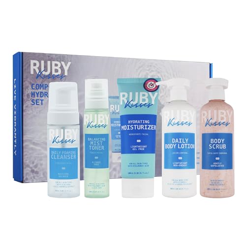Ruby Kisses Complete Hydration Skincare Set, Face & Body Essentials, Includes Daily Foaming Cleanser, Balancing Mist Toner, Daily Body Lotion, Gentle Body Scrub, Korean Skincare