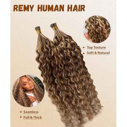 Curly I Tip Hair Extensions Human Hair 4P27 26 Inch Water Wave Cold Fusion Itip Flawless Microlinks Hair Extensions Invisible Blends Naturally Individual Strands for Black Women 50G Brown to Blonde