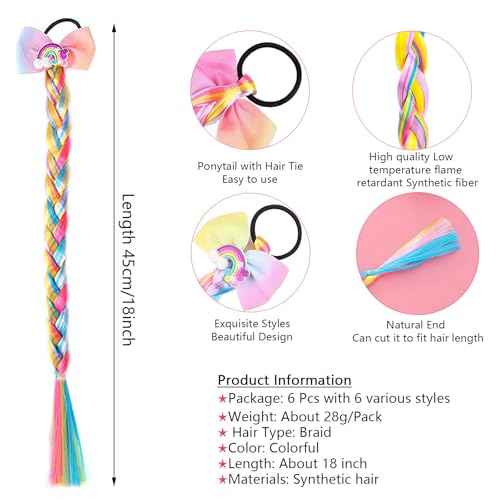 6 Pcs Girls Braid Ponytail Extensions Hairpieces, Colored Braid Hair Extensions Hair Pieces for Kids Little Girls