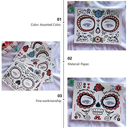 Day of the Dead Face Tattoo Halloween Makeup Tattoos Decor Stickers Sugar Skull Temporary Tattoo for Halloween Masquerade Party with Floral, Glitter Roses, Web and Floral Skeleton Design 5 PACK