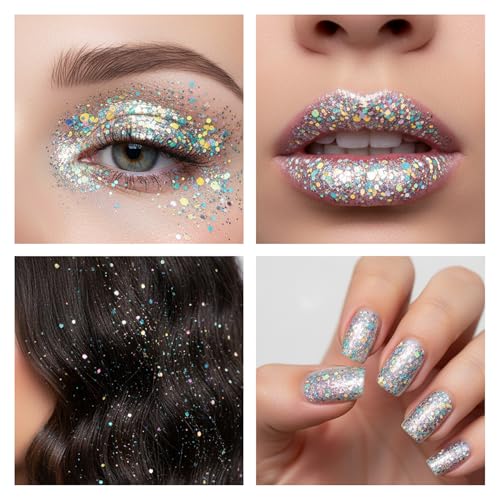 Carnival Color Face Body Glitter with 6Pcs Matching Necklaces, Holographic Sparkly Hair Glitter, Carnival Festival Party Glitter Makeup Accessories for Women & Girls