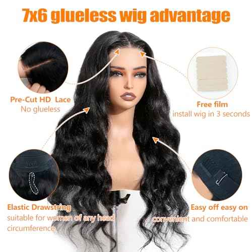 CHEETAHBEAUTY 7x6 Glueless Wigs Human Hair Pre Plucked Pre Cut 26 Inch Body Wave Lace Front Wigs Human Hair for Women 7x6 HD Lace Closure Wigs with Elastic Drawstring 200% Density Natural Color