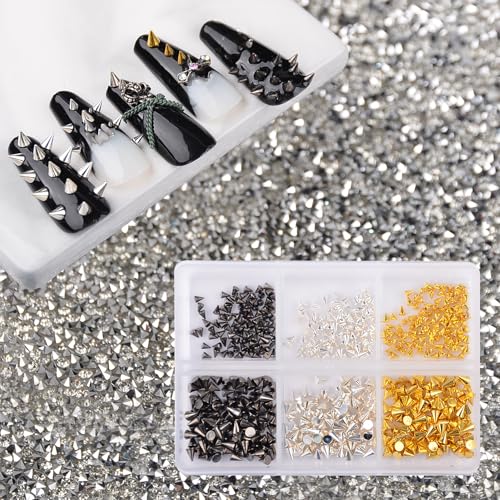 600pcs Cone Metallic Nail Studs Nail Art Punk Cone Rivets Black Gold Sliver Cone Spike Studs Tiny Stick Spike Studs Nail Art Decoration for Nails Craft