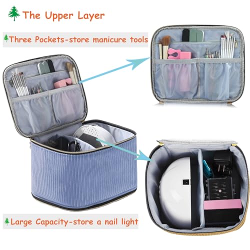 Corduroy Nail Polish Organizer and Nail Lamp Case, Nail Kit Organizer Holds 30 Bottles (15ml - 0.5 fl.oz) and a Nail Lamp, Nail Polish Carrying Case with Manicure Tools Storage Sections (Blue)