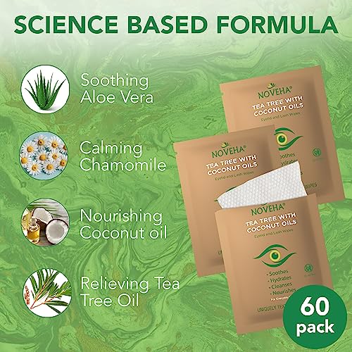 NOVEHA Tea Tree & Coconut Oil Eyelid & Lash Wipes | For Demodex, Blepharitis & Itchy Eyes, Box Of 60 Individually Wrapped Eyelash Wipes With Aloe Vera, Natural Makeup Remover & Daily Eye Cleanser