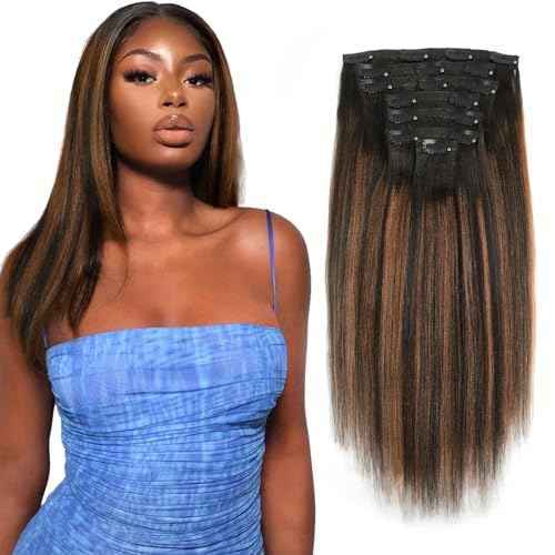 ABH AMAZINGBEAUTY HAIR Yaki Straight Human Hair Clip ins Rooted Black Piano Natural Black #1B Fading into Light Auburn #30 Two Tone Light Yaki Clip ins for Black Women Human Hair 12 Inch 120G 7Pcs