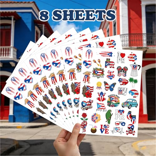 Puerto Rico Temporary Tattoos, 8 Sheets 200+ PR Rican Flag Fake Tattoo Stickers, Puerto Rico Party Decorations for Patriotic Anniversary Veterans National Day Festival Decor