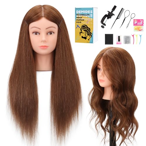 24-26¡¯¡¯ Cosmetology Mannequin Head with 100% Real Human Hair, 100% Human Hair Hairdresser Cosmetology Mannequin Manikin Training Head Hair and Free Clamp Holder