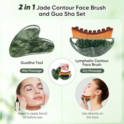 WHAL&YUNE Jade Gua Sha & Facial Contour Brush Set for Lymphatic Drainage