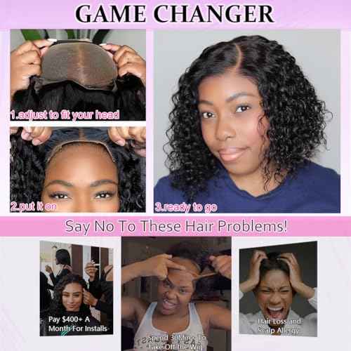 Left Side Part Bob Wig Human Hair Glueless Wigs Human Hair Pre Plucked Pre Cut Hd Lace Closure Wear and Go Glueless Wig Short Black Curly Wig 12 Inch Brazilian Human Hair Wigs for Black Women