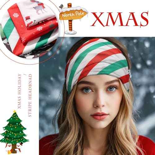 Olbye Christmas Headbands Women Wide Knotted Headband Elastic Nonslip Hairbands Workout Red Head Bands Turban Head Wraps Running Yoga Hair Scarfs Xmas Hair Accessories for Women(Xmas B)