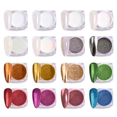 MelodySusie 16Pcs Chrome Nail Powder for Gel Nails,Metallic Mirror Effect Pigment Stylish and Technological Fine Glitter for Home DIY Salon Use