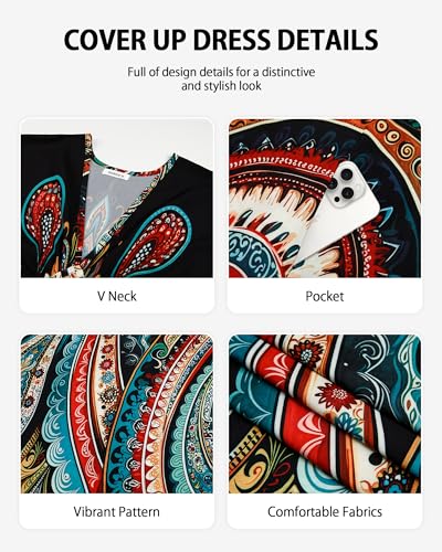 Bsubseach Plus Size Kaftan Dress with Pockets - Ethnic Print Beach Cover Up