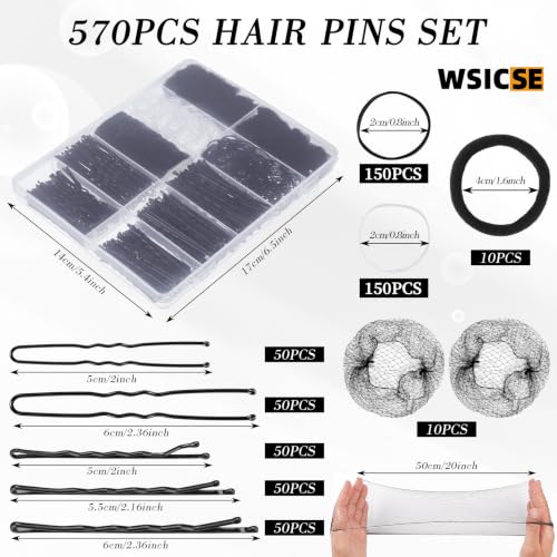 570-Piece Black Bobby Pins & Hair Ties Set with Storage Box