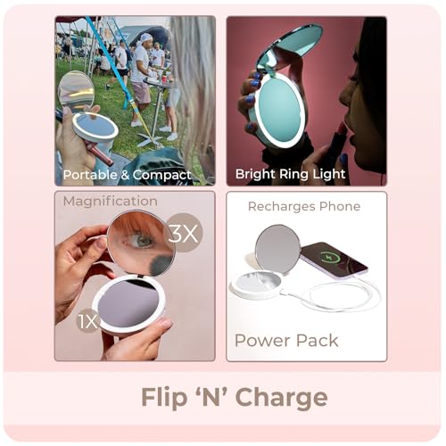 stylPro Flip N Charge Power Bank Compact Mirror with LED Light - Handheld Pocket Magnifying Mirror Travel Makeup & Hair Styling - 2 in 1 USB Charger - Mini Portable Mirror for Purse - 1 Piece