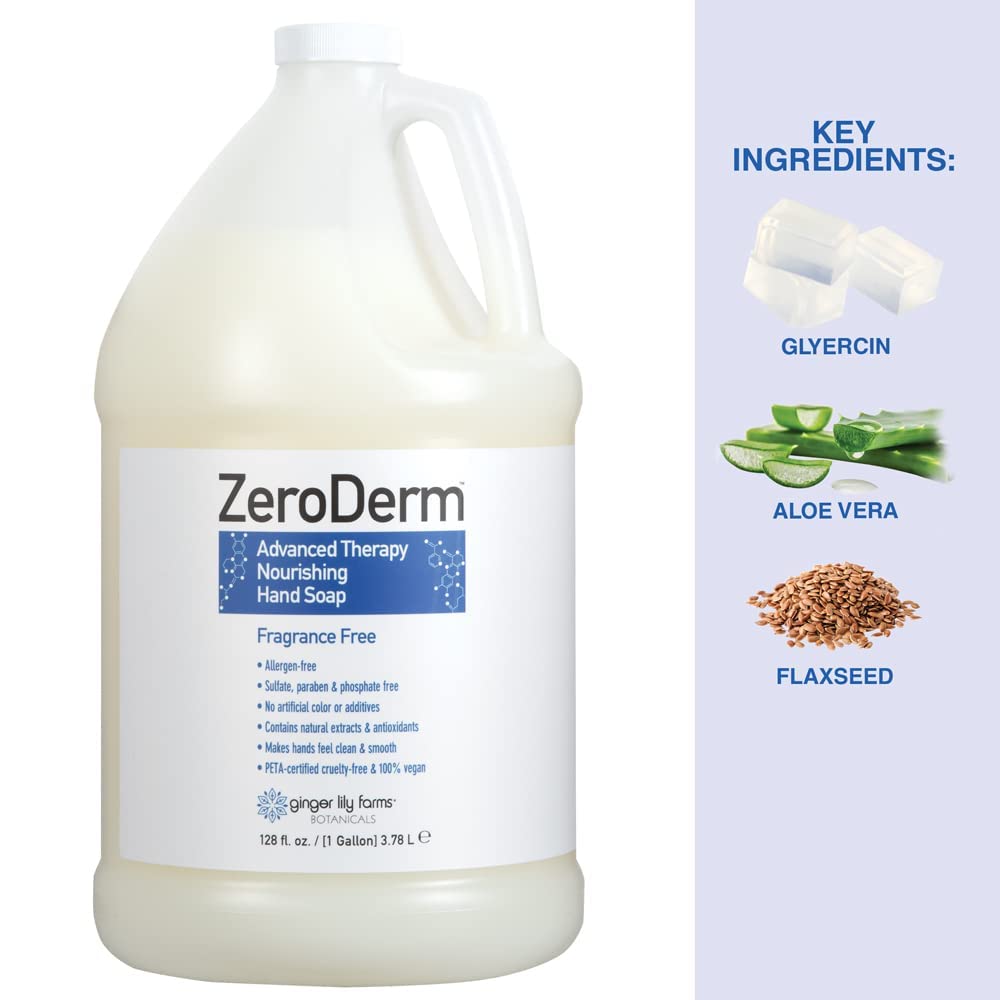 Ginger Lily Farms Botanicals ZeroDerm Advanced Therapy Nourishing Liquid Hand Soap Refill, 100% Vegan & Cruelty Free, Fragrance Free, 1 Gallon (Pack of 4)