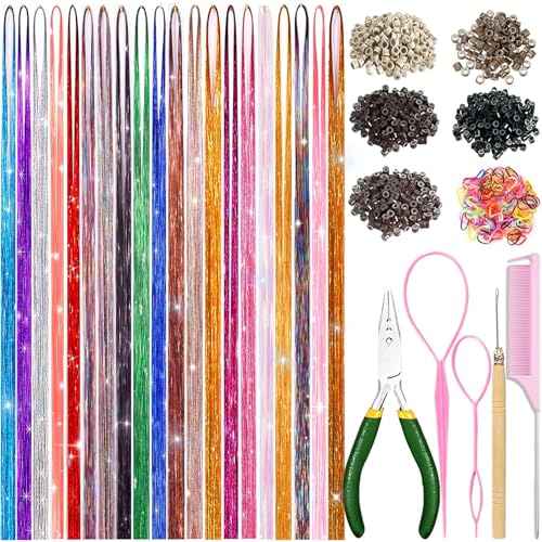 Hair Tinsel kit 20 Colors with Tools, 50 Inch Fairy Hair Tinsel Kit Extensions, 8600 Heat Resistant Holographic Glitter Strands Sparkle Party Halloween Cosplay Hair Accessories for Girls (20 Colors)