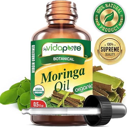 MYVIDAPURE Organic MORINGA OIL Moringa Oleifera Certified Organic 100% Natural Pure Virgin Unrefined for Face, Skin, Body, Hair, Lip, Nails Anti-Aging, Rich in Vitamin E (0.5 Fl Oz)