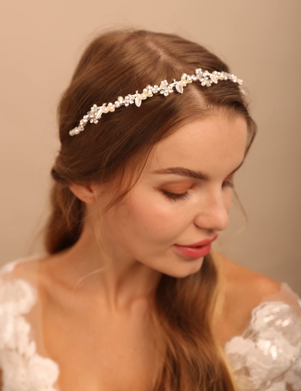 Jumwrit Flower Leaf Bridal Hairband Rhinestone Crystal Wedding Hairpiece for Women Girls Dainty Pearl Bridal Hair Accessories for Bride Bridesmaid