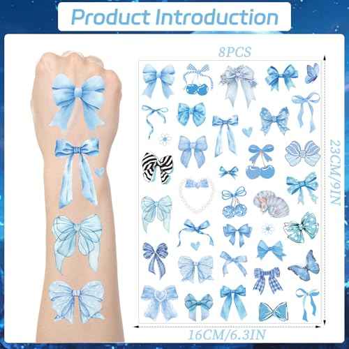 Blue Bow Temporary Tattoos - 200+ Blue Coquete Birthday Decorations Bow Themed Party Favors Ribbon Tattoo Stickers Gifts Wedding Birthday Bridal Shower Supplies Prizes Rewards for Girl Women