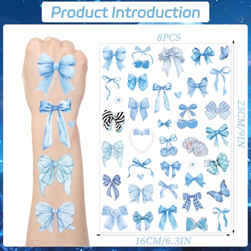 Blue Bow Temporary Tattoos - 200+ Stickers (8 Sheets)