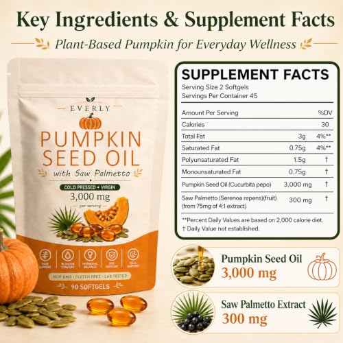 Everly Pumpkin Seed Oil with Saw Palmetto - Cold Pressed Softgels (90 Count)