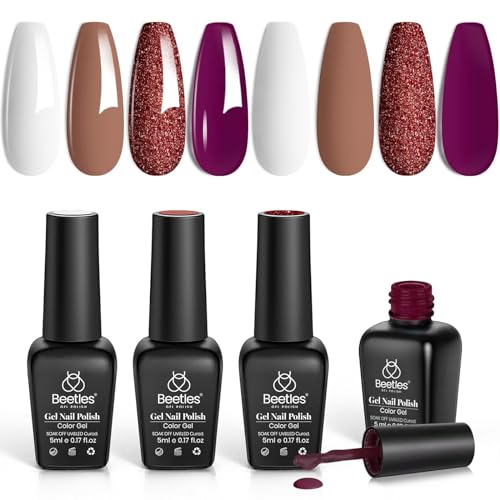 Beetles Fall Gel Nail Polish, Dark Burgandy Plum Gel Nail Polish Set - 4 Colors Glitter Metallic Beige White Brown Gel Polish Soak Off Uv LED Lamp Gel Nail Manicure DIY Home