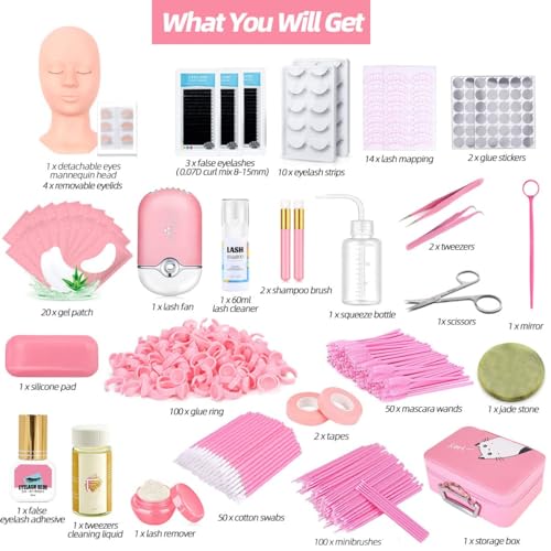Lash Extension Kit Professional Eyelash Extensions Practice Set with Mannequin Head Removable Eyelids USB Lash Fan Individual False Eyelash Shampoo Brush Glue Practical Tools for Beginners