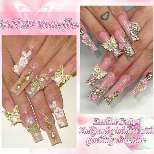 RODAKY 120pc Butterfly Nail Charms - Gold 3D Butterflies with Rhinestone Mixed Size Y2K Nail Decoration for Women's Manicure Design DIY Craft Embellishment