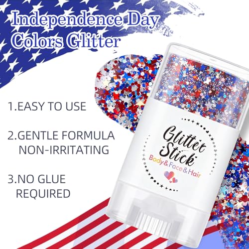 4th of July Body Glitter Stick - Red White Blue Chunky Glitter, 2 Pack