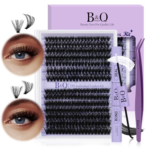 B&Qaugen Lash Extension Kit 280Pcs Volume Individual Lashes Kit Superfine Individual Eyelashes 10-18mm Soft D Curl Eyelash Clusters Kit with Bond and Seal Tweezers for Self Use £¨Kit-70+90D-10-18MIX£©