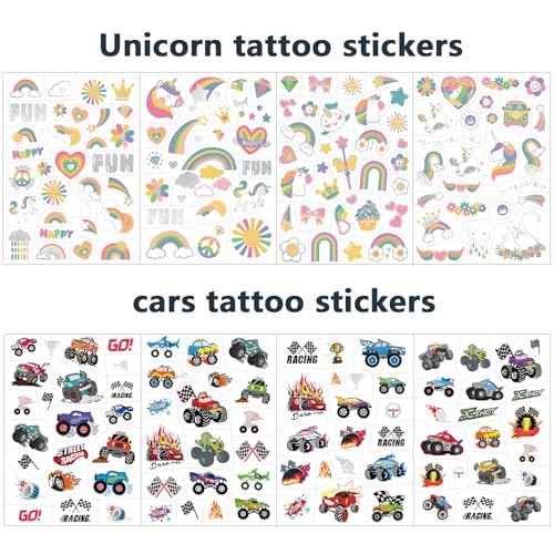 193pcs Unicorn & Truck Wheels 2 in 1 Kit Waterproof Temporary Tattoos Groovy Fake Tattoo for Kids Birthday Party Decoration, Star Smiley Rainbow Racing Car Flag Trophy Tattoo Stickers for Boys Girls