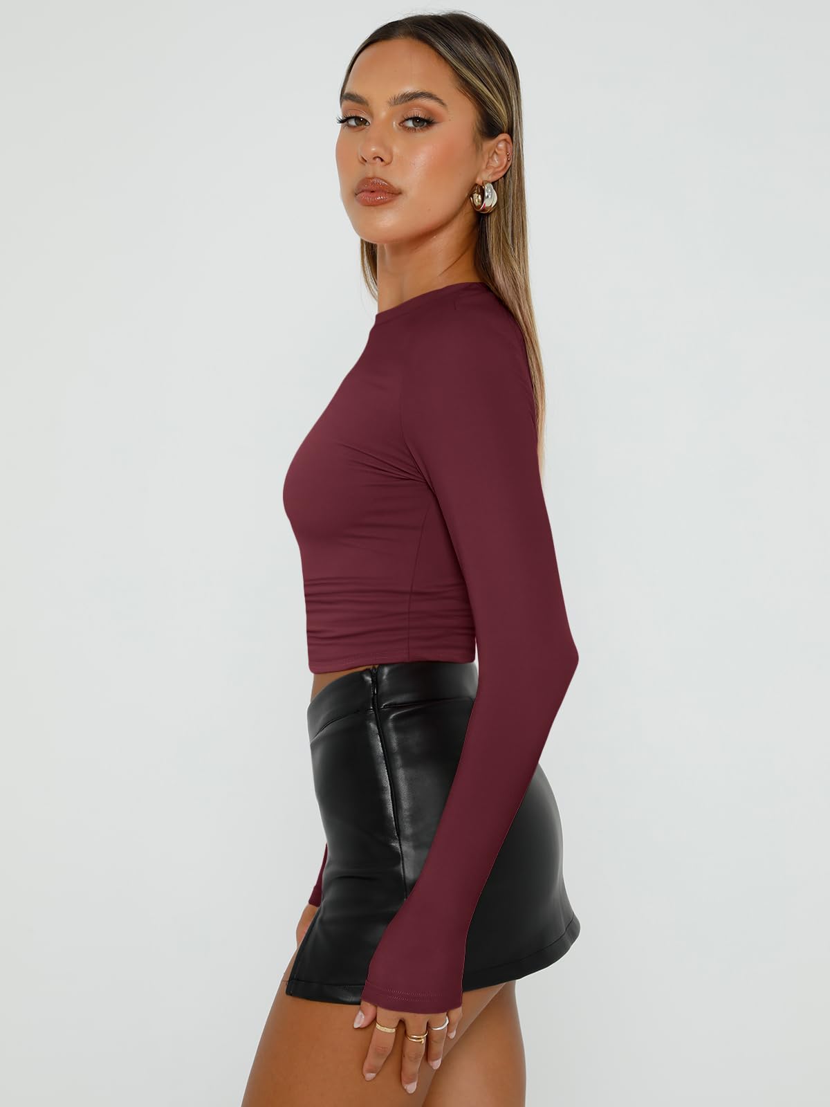 Trendy Queen Womens Long Sleeve Shirts Basic Spring Crop Tops Tees Tight Slim Fit Cute Going Out Outfits Teen Girls Fall Winter Y2k Clothes 2024 Wine Red XS