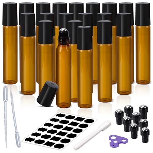 20-Pack 10ml Amber Glass Roller Bottles for Essential Oils