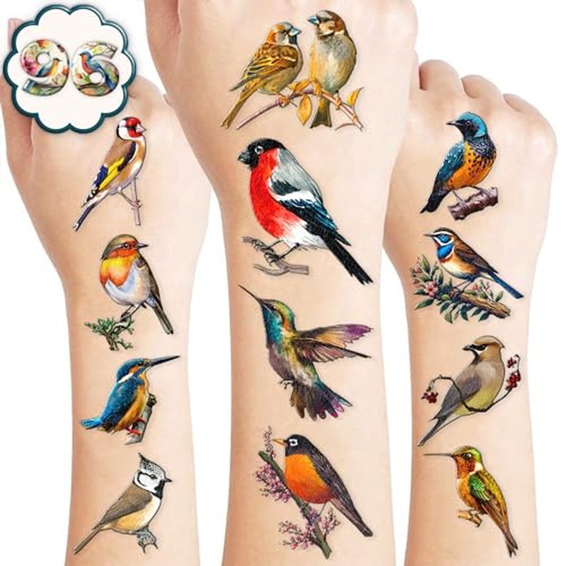 96 PCS Small Rainforest Bird Pre-Cut Temporary Tattoos Birthday Party Decorations Supplies Favors Hawaiian Summer Hummingbird Decor Stickers For Girls Boys Gift School Prizes Rewards (Normal)