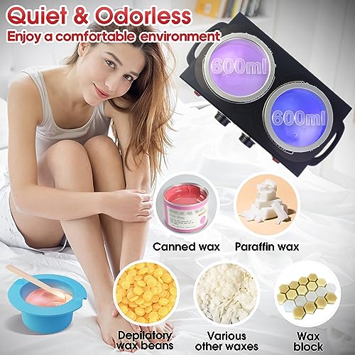 Wax Warmer for Hair Removal, Professional Waxing Heater Pot with Adjustable Temperature for Women Men, with 20 Wooden Wax Sticks (Black-Double Pots)