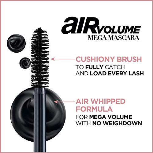 L’Oréal Paris Makeup Air Volume Mega Mascara, Lightweight & Long-lasting Volumizing Mascara for Voluminous Eyelashes, Waterproof Blackest Black, 0.3 Fl Oz (Pack of 2)