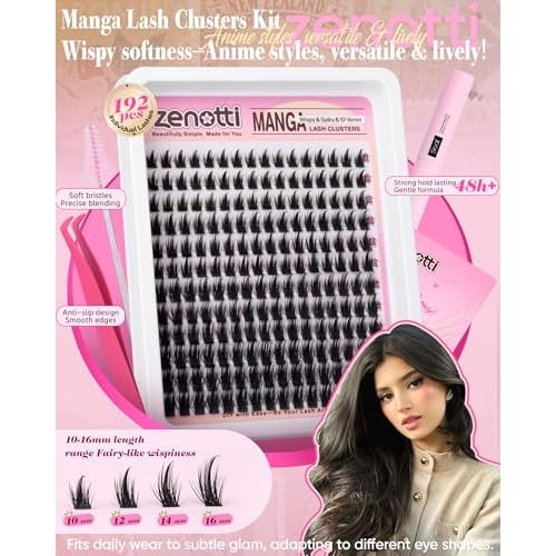 Manga Lash Clusters Kit Wispy Natural Eyelash Clusters Kit Anime Lashes Cluster 192PCS Fairy Cosplay Individual Lashes Extension Kit DIY Eyelash Extensions at Home 10-16MM by zenotti