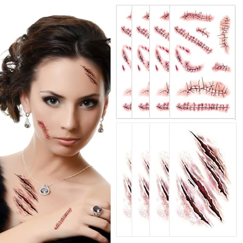 Halloween Scar Temporary Tattoos - 8 Sheet Waterproof Zombie Makeup