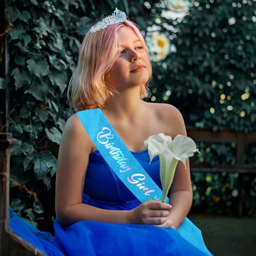Blue Princess Birthday Sash and Tiara Set for Girls Women - Party Decorations Gift