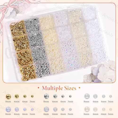 9000Pcs Half Pearls for Crafting, Gold Silver White Flatback Pearls for Bedazzling, Flatback Gold Pearl for Nails, ABS Pearl Nail Beads Gems for Nails DIY Crafts Shoes Clothes Bags DIY Making